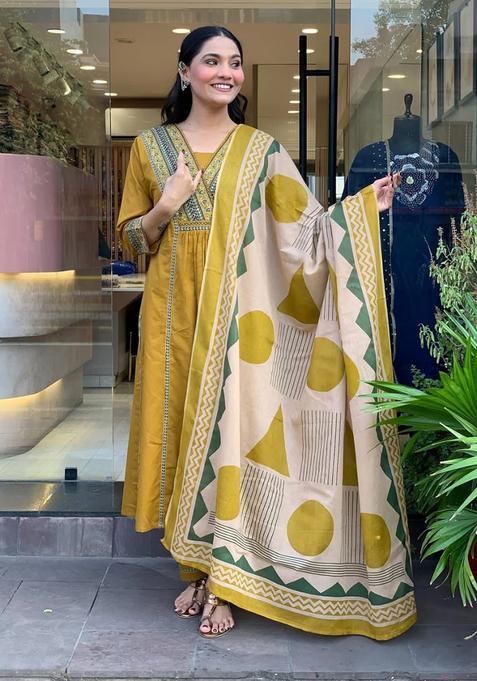 Light Yellow Printed Cotton Kurta Sets