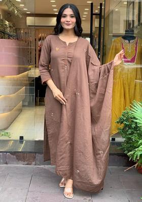 Brown Embroidery Cotton Kurta Sets