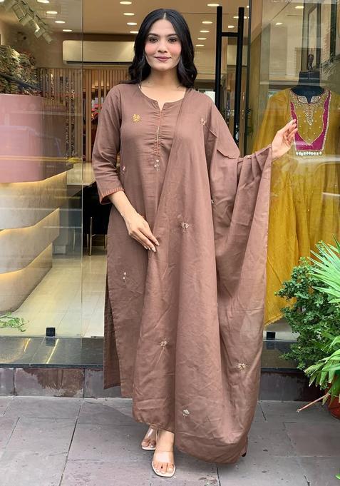 Brown Embroidery Cotton Kurta Sets