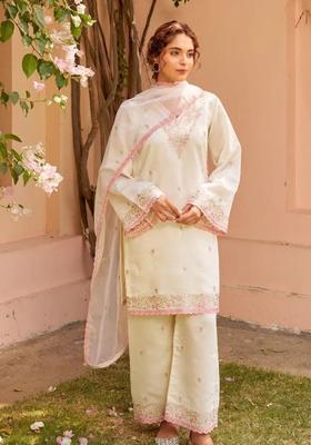 Light White Embroidery Silk Kurta Sets