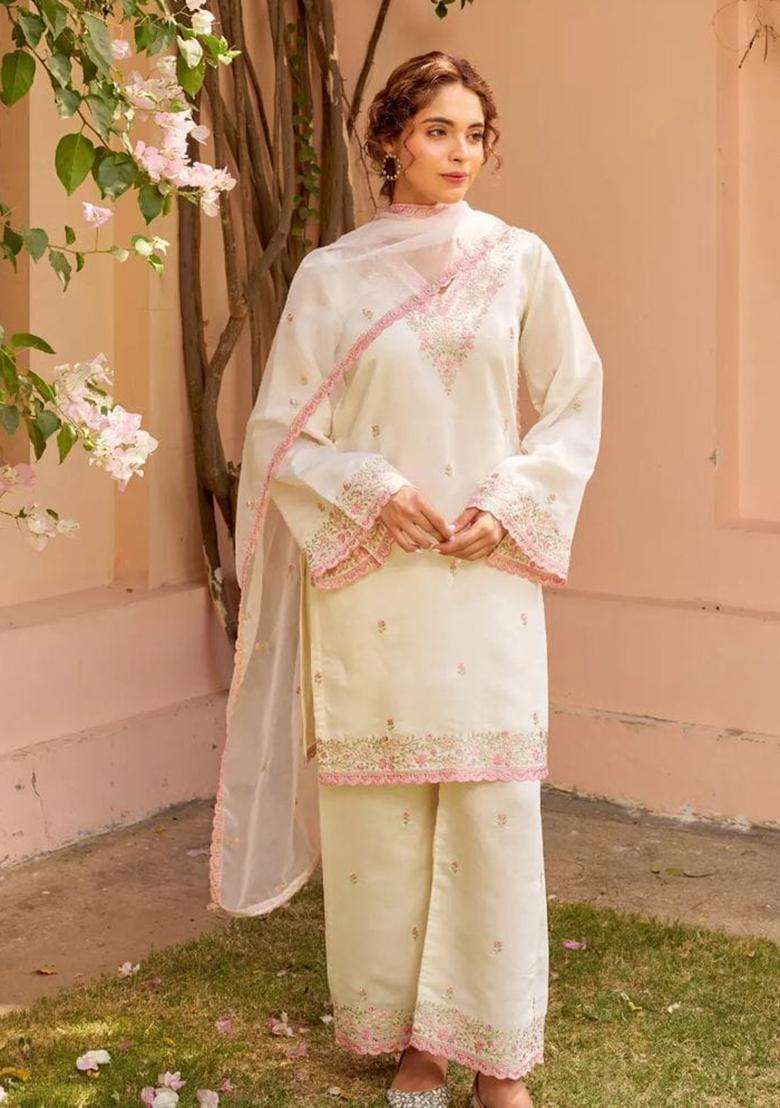 Light White Embroidery Silk Blend Kurta Sets - Indya