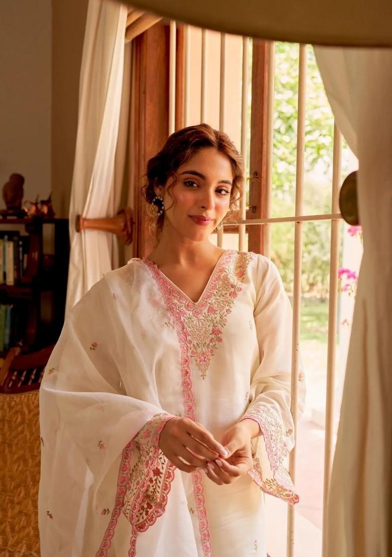 Light White Embroidery Silk Kurta Sets - Indya