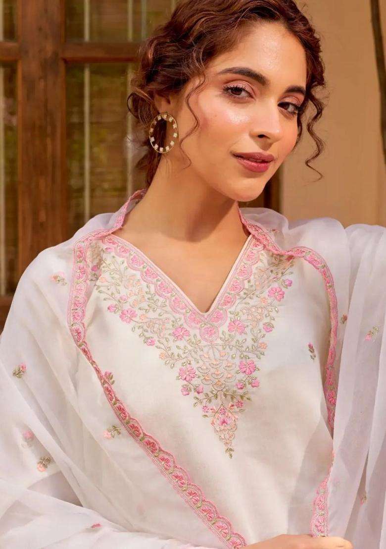 Light White Embroidery Silk Blend Kurta Sets - Indya