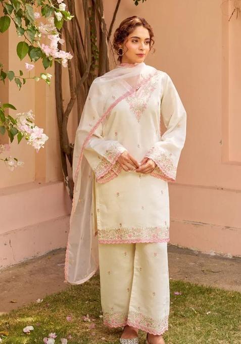 Light White Embroidery Silk Kurta Sets
