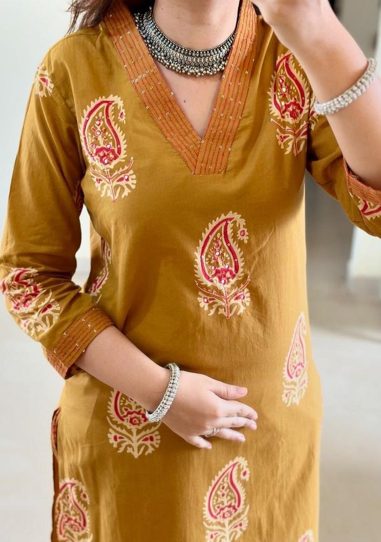 Light Yellow Embroidery Cotton Kurta Sets - Indya