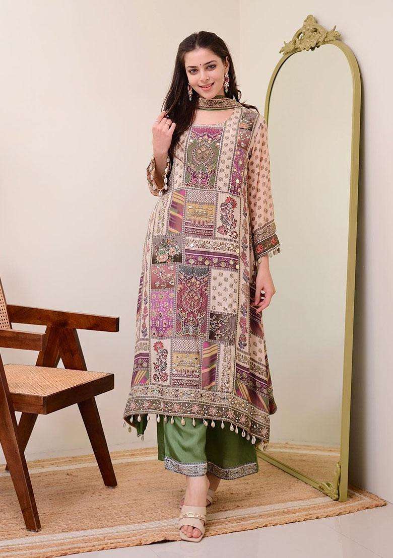 Multicolor Embroidery Cotton Kurta Sets - Indya
