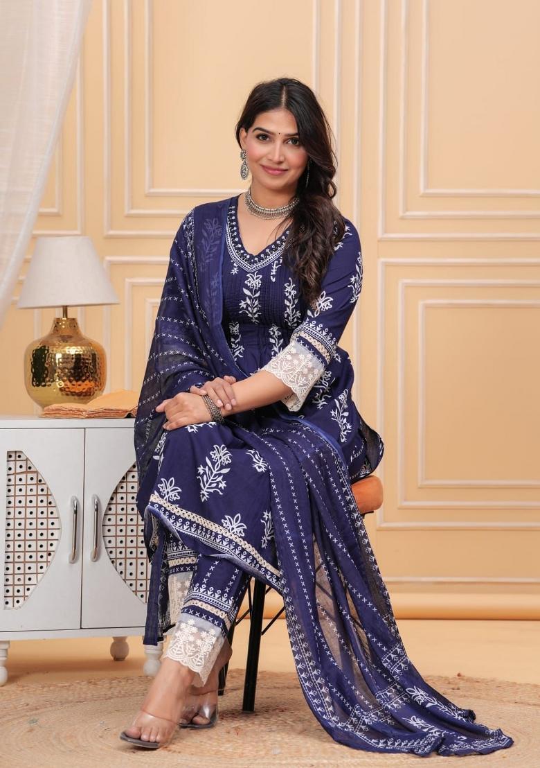 Blue Embroidery Cotton Kurta Sets - Indya