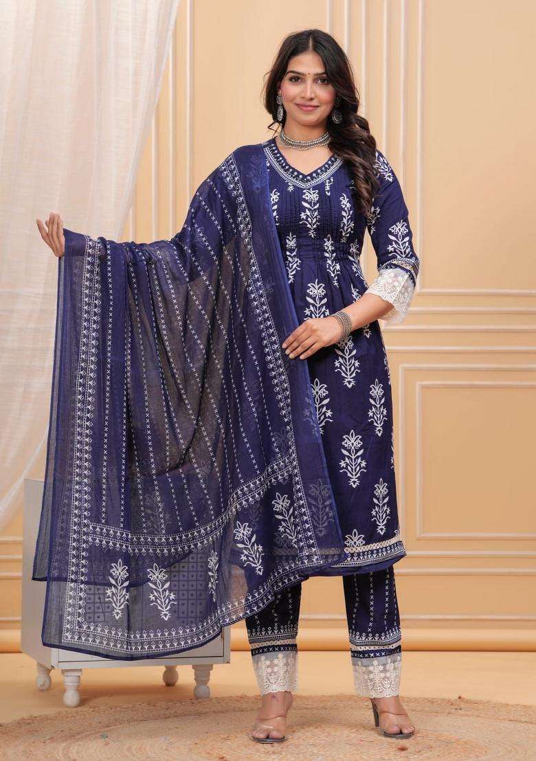 Blue Embroidery Cotton Kurta Sets - Indya