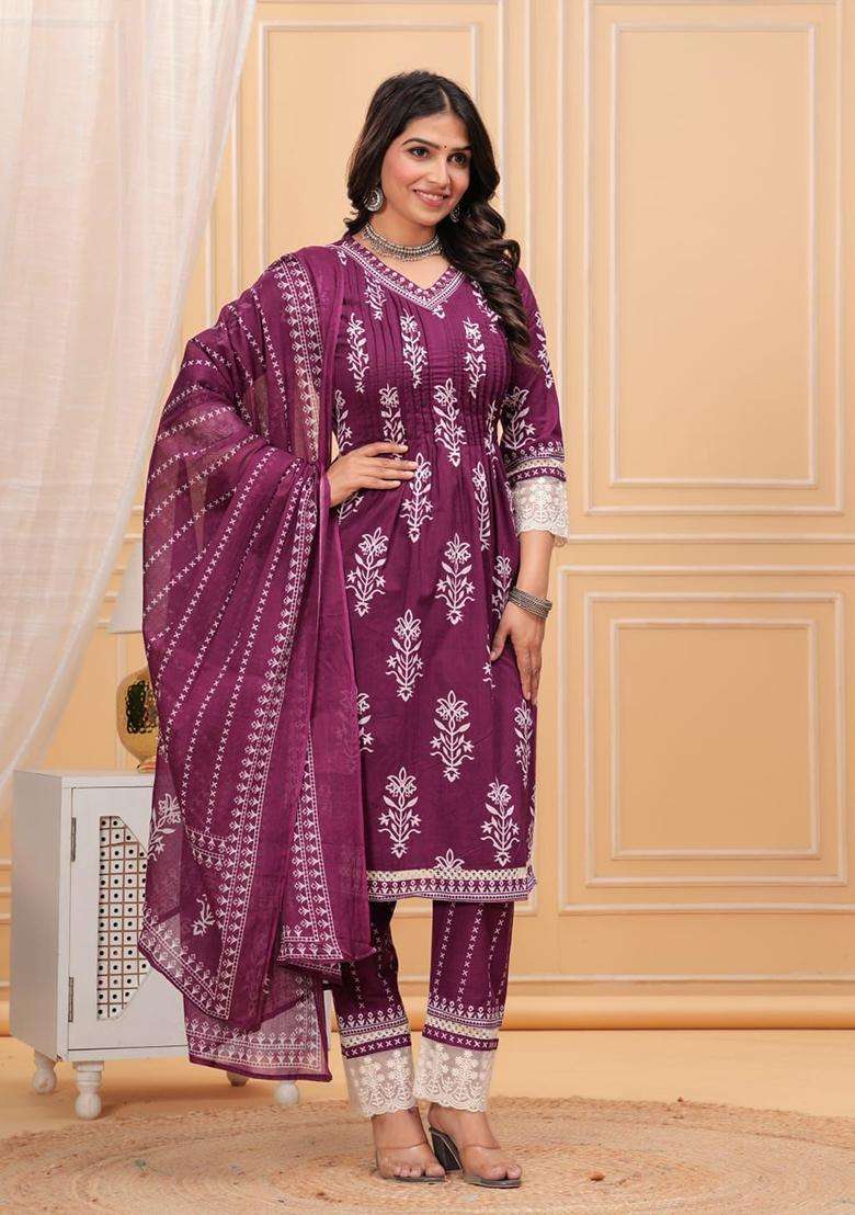Maroon Embroidery Cotton Kurta Sets - Indya