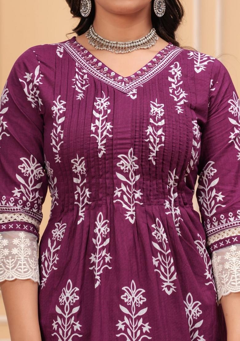 Maroon Embroidery Cotton Kurta Sets - Indya