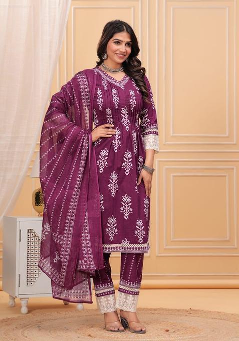 Maroon Embroidery Cotton Kurta Sets