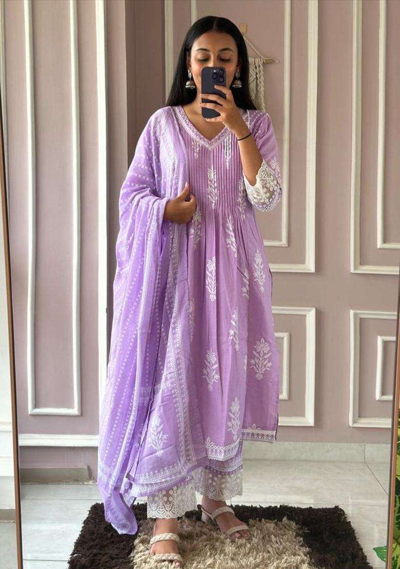 Purple Embroidery Cotton Kurta Sets - Indya