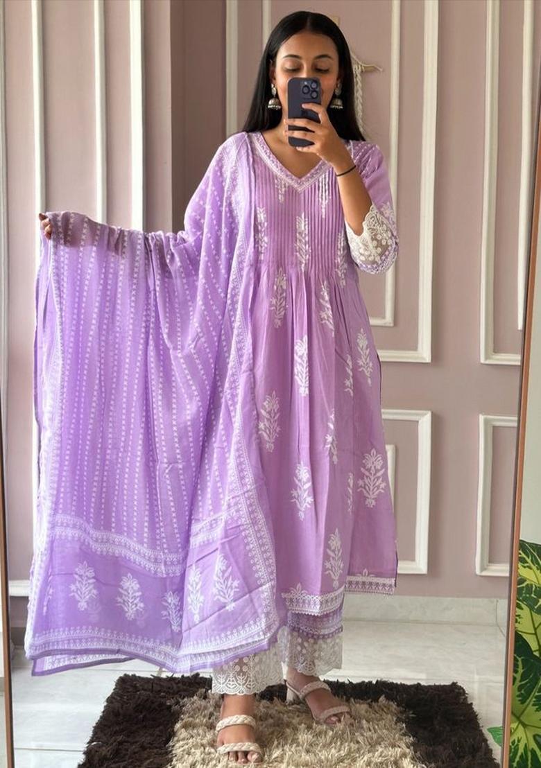 Purple Embroidery Cotton Kurta Sets - Indya