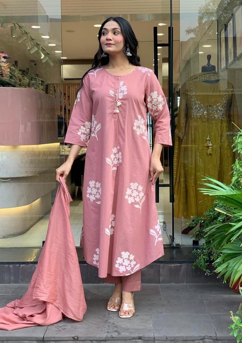 Pink Printed Cotton Kurta Sets - Indya