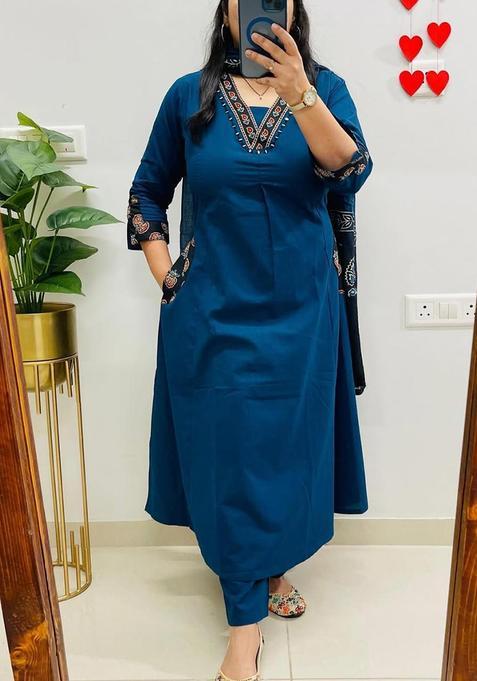 Blue Embroidery Cotton Kurta Sets