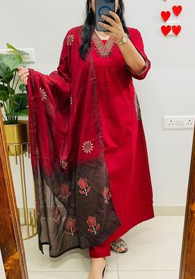 Red Embroidery Cotton Kurta Sets