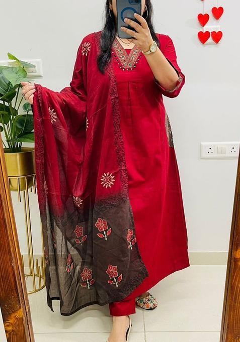Red Embroidery Cotton Kurta Sets