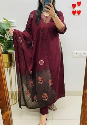 Maroon Embroidery Cotton Kurta Sets