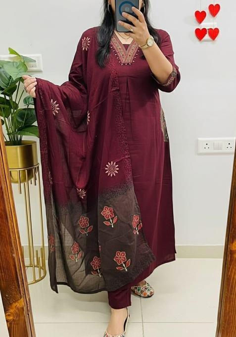 Maroon Embroidery Cotton Kurta Sets