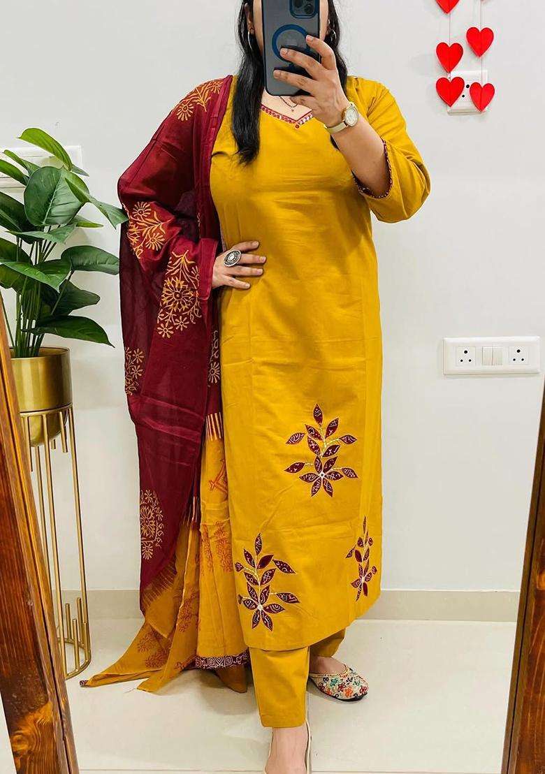 Light Yellow Embroidery Cotton Kurta Sets - Indya