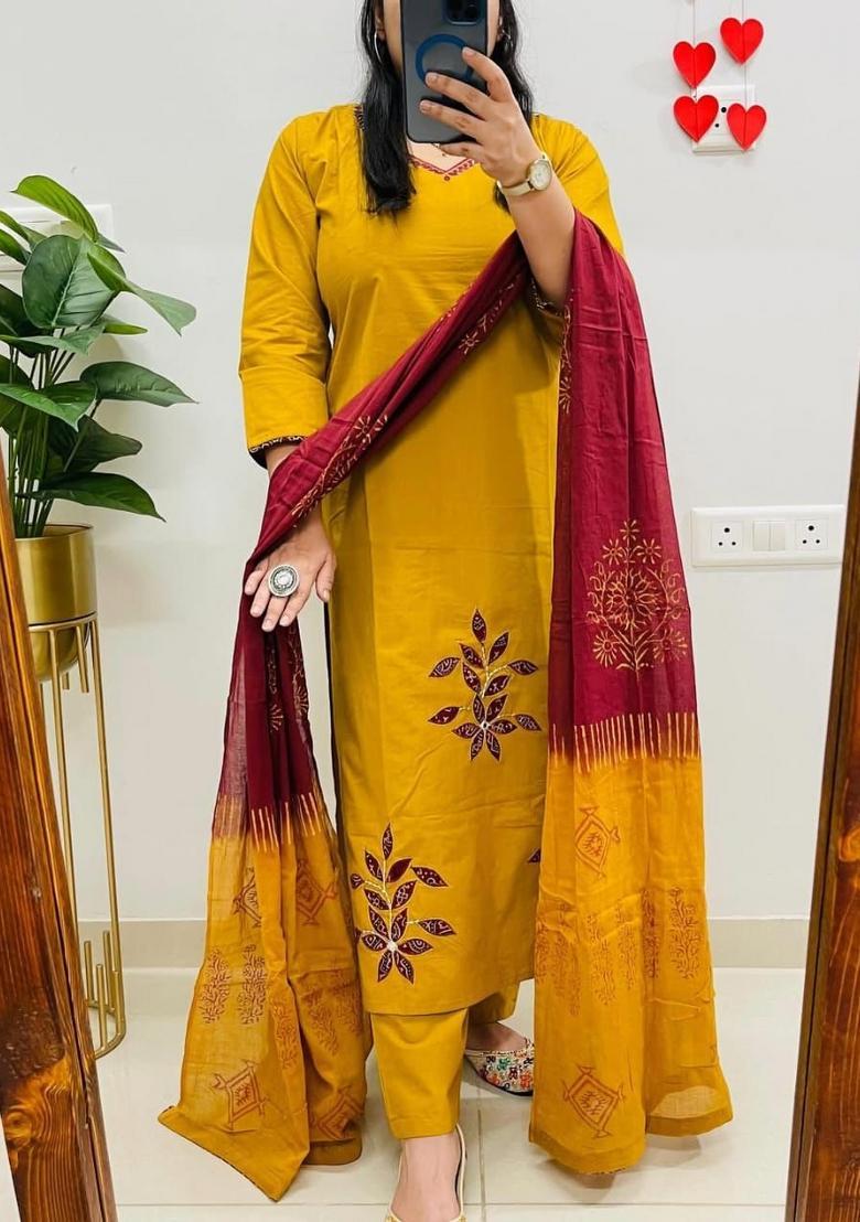 Light Yellow Embroidery Cotton Kurta Sets - Indya