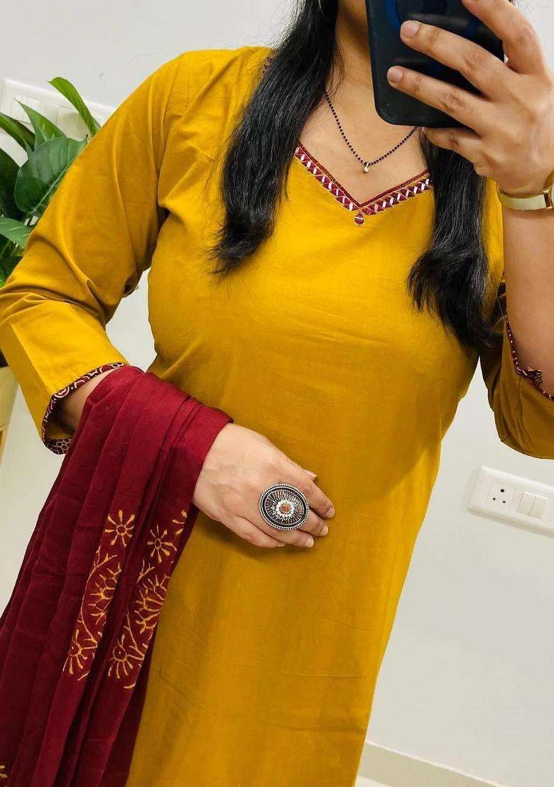 Light Yellow Embroidery Cotton Kurta Sets - Indya