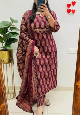 Maroon Embroidery Cotton Kurta Sets