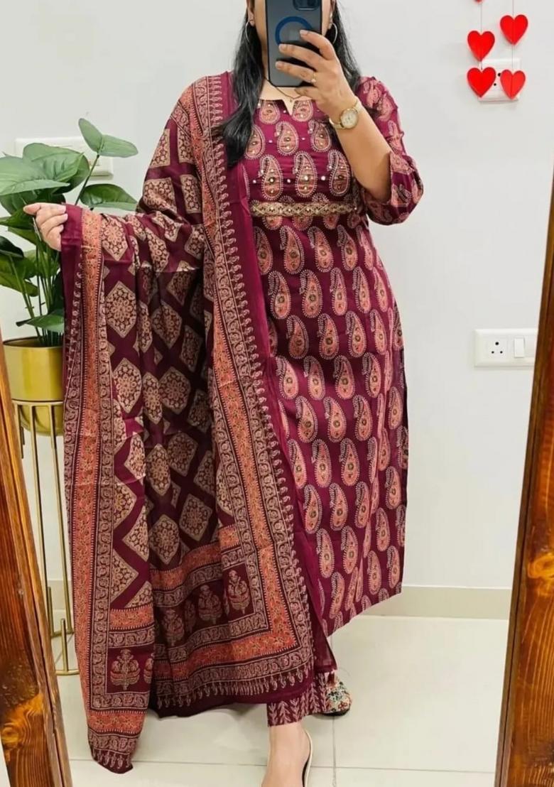 Maroon Embroidery Cotton Kurta Sets - Indya