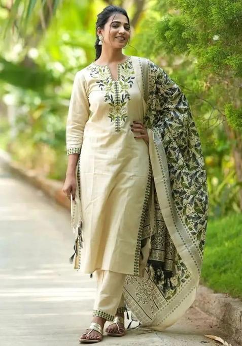 Off White Embroidery Cotton Kurta Sets