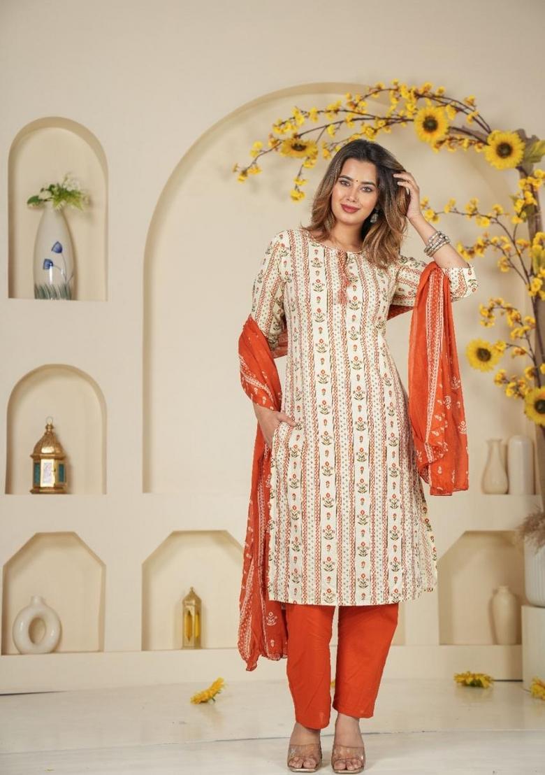 Orange Printed Cotton Kurta Sets - Indya