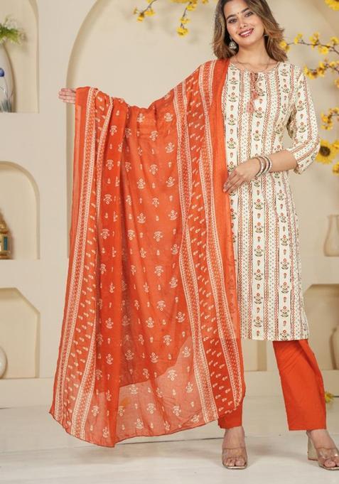 Orange Printed Cotton Kurta Sets