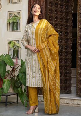 Dark Yellow Printed Cotton Kurta Sets