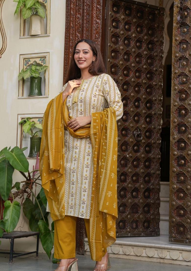Dark Yellow Printed Cotton Kurta Sets - Indya