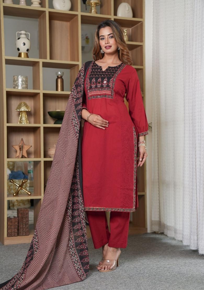 Red Embroidery Cotton Kurta Sets - Indya
