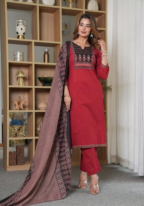 Red Embroidery Cotton Kurta Sets