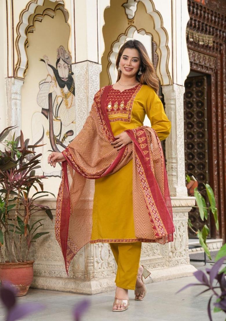 Dark Yellow Embroidery Cotton Kurta Sets - Indya
