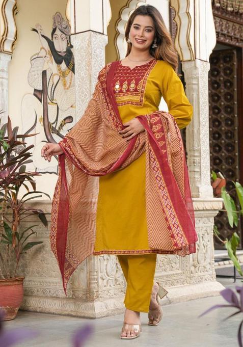 Dark Yellow Embroidery Cotton Kurta Sets
