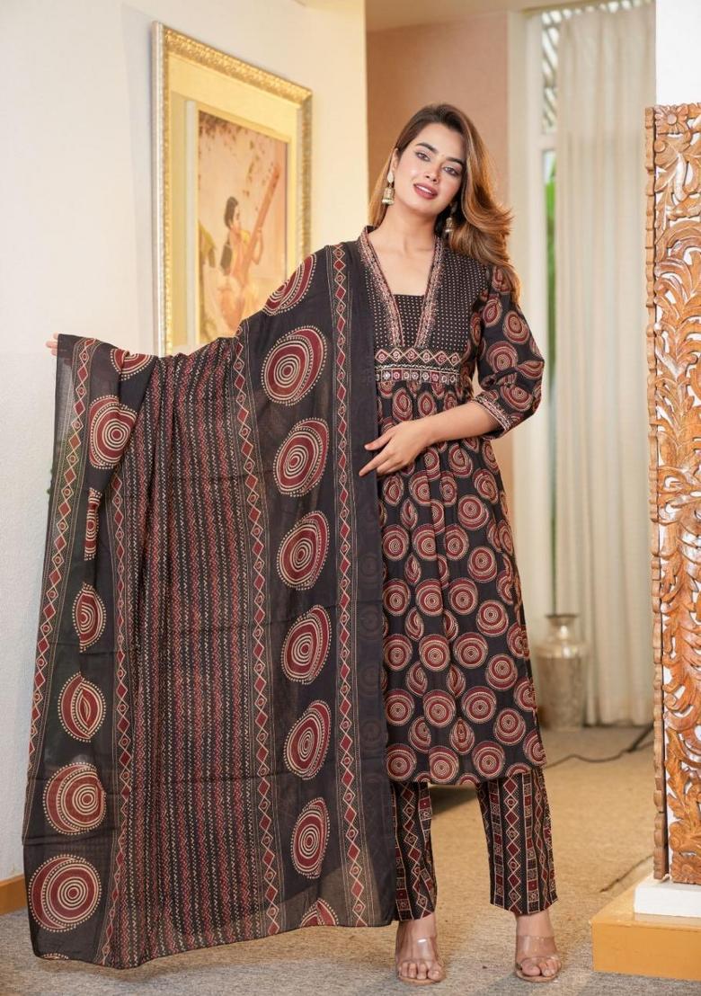 Black Printed Cotton Kurta Sets - Indya