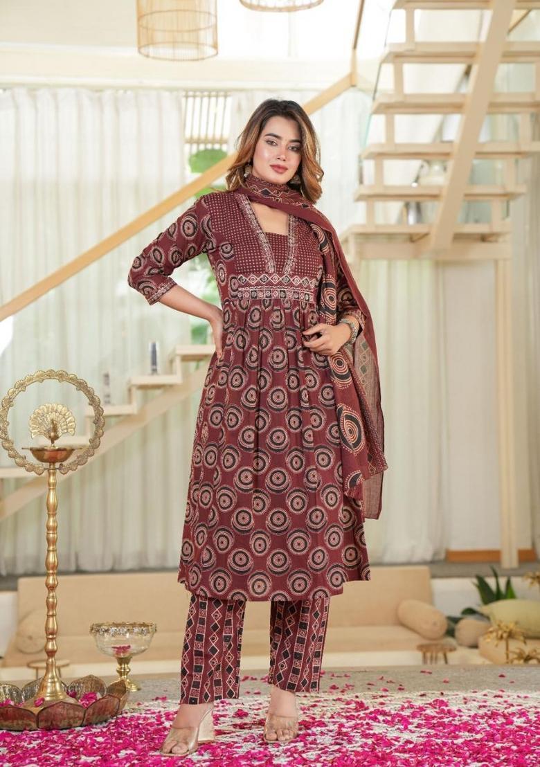 Red Printed Cotton Kurta Sets - Indya