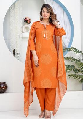 Orange Printed Cotton Kurta Sets
