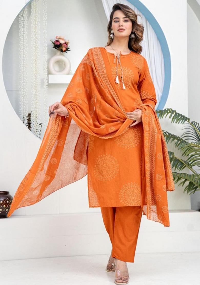 Orange Printed Cotton Kurta Sets - Indya