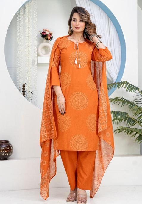 Orange Printed Cotton Kurta Sets