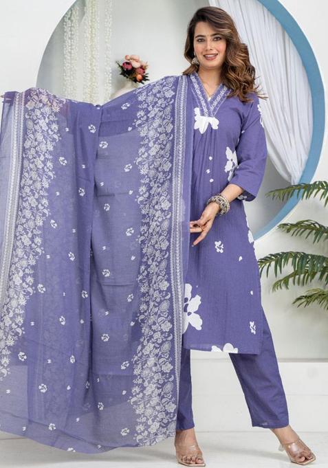 Blue Embroidery Cotton Kurta Sets