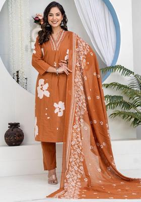 Brown Embroidery Cotton Kurta Sets