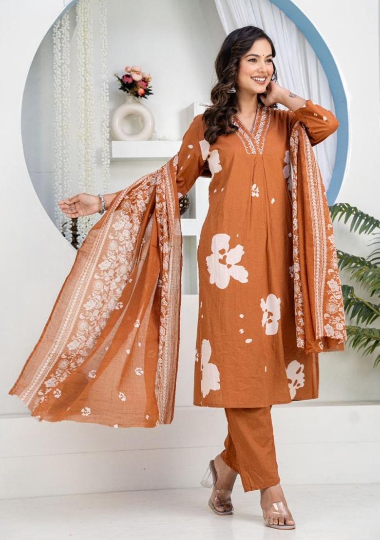 Brown Embroidery Cotton Kurta Sets - Indya