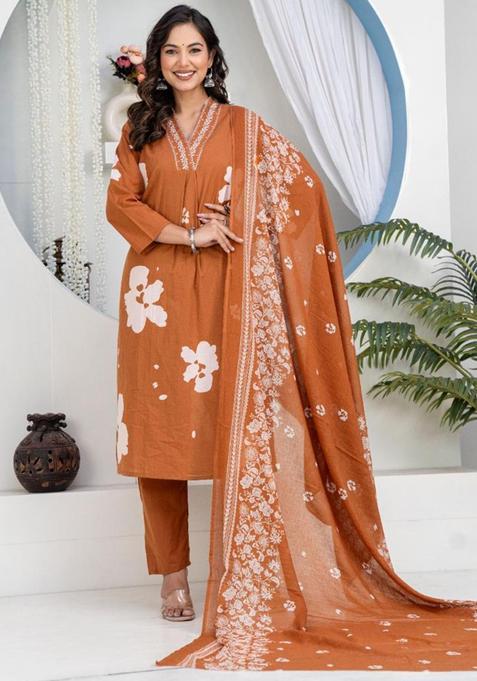 Brown Embroidery Cotton Kurta Sets