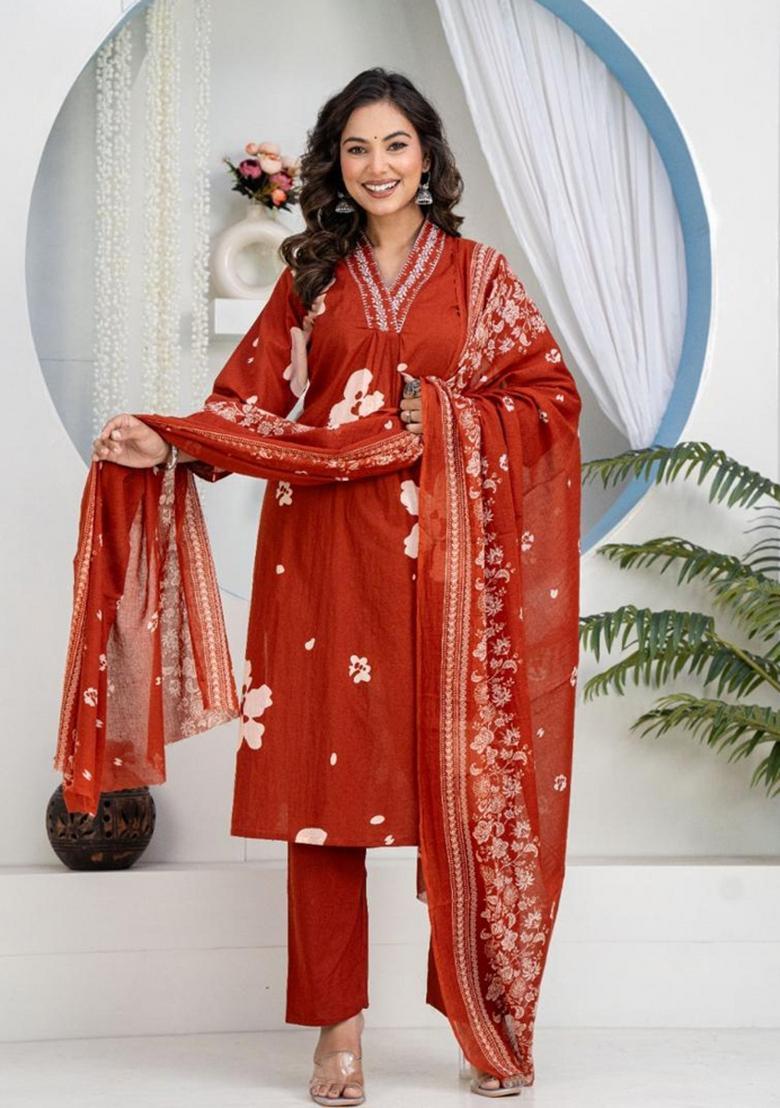 Rust Embroidery Cotton Kurta Sets - Indya