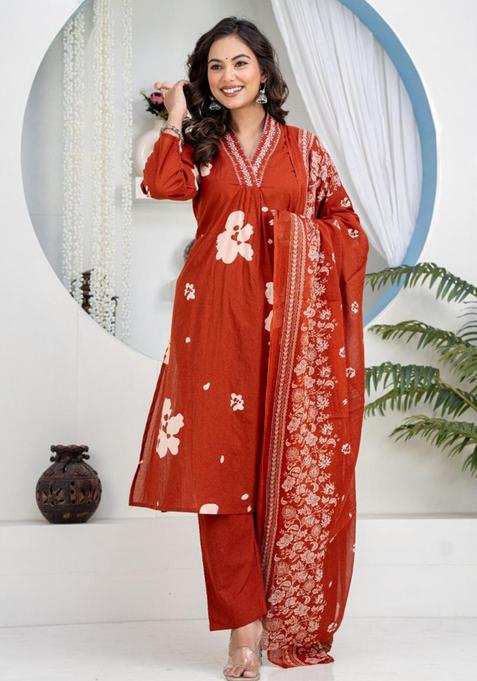 Rust Embroidery Cotton Kurta Sets