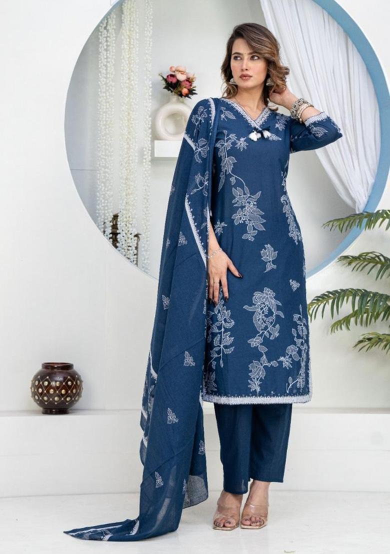 Blue Printed Cotton Kurta Sets - Indya
