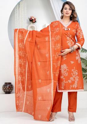Orange Printed Cotton Kurta Sets
